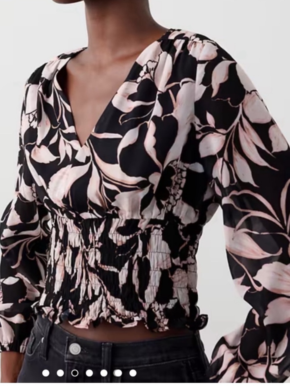 NWT Banana Republic Black Blouse with Pale Pink Floral Design & Sheer Sleeves